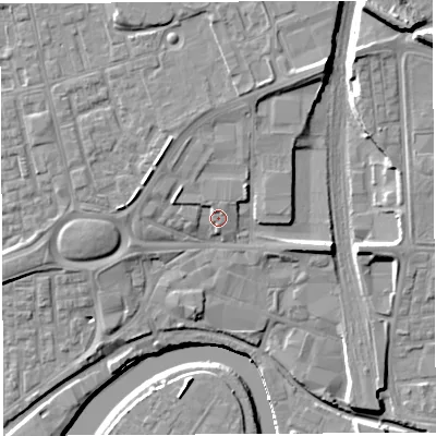 Shaded relief map of the ground around WA51AE, computed from Environment Agency LiDAR. The ground here sits at about 11 m above sea level and falls 17 m across the surrounding 800 m. Surface water reaching this point runs off ground lying to the north-east, 6.1 m higher.