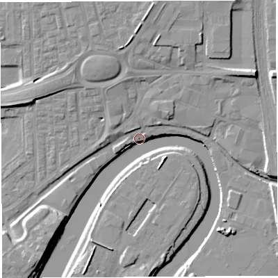 Shaded relief map of the ground around WA51AH, computed from Environment Agency LiDAR. The ground here sits at about 7 m above sea level and falls 12 m across the surrounding 800 m. Surface water reaching this point runs off ground lying to the north, 11.3 m higher.