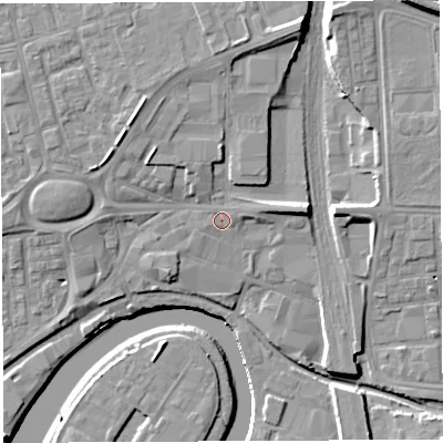 Shaded relief map of the ground around WA51AQ, computed from Environment Agency LiDAR. The ground here sits at about 10 m above sea level and falls 16 m across the surrounding 800 m. Surface water reaching this point runs off ground lying to the east-north-east, 1.2 m higher.