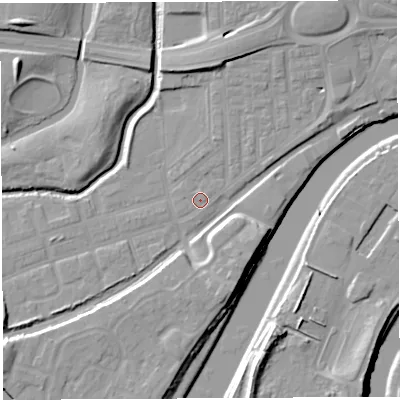 Shaded relief map of the ground around WA51AR, computed from Environment Agency LiDAR. The ground here sits at about 8 m above sea level and falls 12 m across the surrounding 800 m. Surface water reaching this point runs off ground lying to the north-north-east, 5.5 m higher.