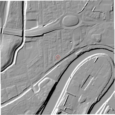 Shaded relief map of the ground around WA51AS, computed from Environment Agency LiDAR. The ground here sits at about 8 m above sea level and falls 11 m across the surrounding 800 m. Surface water reaching this point runs off ground lying to the north-north-east, 7.3 m higher.