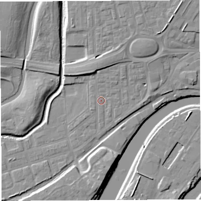 Shaded relief map of the ground around WA51AZ, computed from Environment Agency LiDAR. The ground here sits at about 9 m above sea level and falls 12 m across the surrounding 800 m. Surface water reaching this point runs off ground lying to the north, 4.0 m higher.