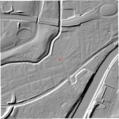 Shaded relief map of the ground around WA51BA, computed from Environment Agency LiDAR. The ground here sits at about 7 m above sea level and falls 12 m across the surrounding 800 m. Surface water reaching this point runs off ground lying to the north-east, 2.0 m higher.