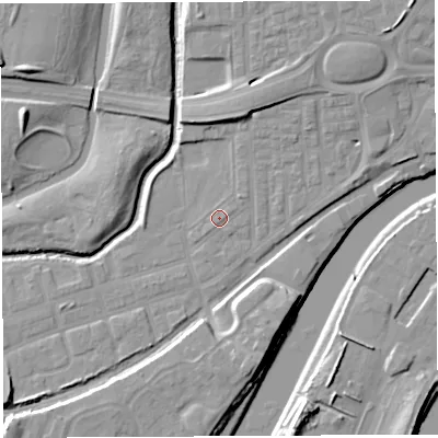 Shaded relief map of the ground around WA51BB, computed from Environment Agency LiDAR. The ground here sits at about 8 m above sea level and falls 12 m across the surrounding 800 m. Surface water reaching this point runs off ground lying to the north-east, 1.0 m higher.