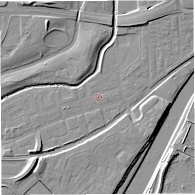 Shaded relief map of the ground around WA51BD, computed from Environment Agency LiDAR. The ground here sits at about 7 m above sea level and falls 12 m across the surrounding 800 m. Surface water reaching this point runs off ground lying to the north-east, 5.8 m higher.