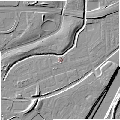 Shaded relief map of the ground around WA51BE, computed from Environment Agency LiDAR. The ground here sits at about 8 m above sea level and falls 12 m across the surrounding 800 m. Surface water reaching this point runs off ground lying to the north-north-east, 0.7 m higher.