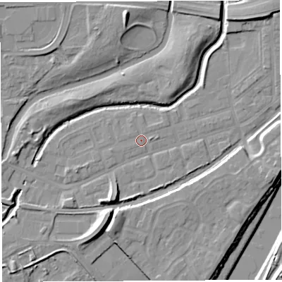 Shaded relief map of the ground around WA51BJ, computed from Environment Agency LiDAR. The ground here sits at about 8 m above sea level and falls 12 m across the surrounding 800 m. Surface water reaching this point runs off ground lying to the east, 1.2 m higher.
