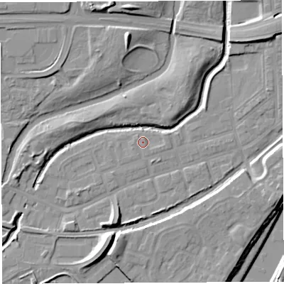 Shaded relief map of the ground around WA51BL, computed from Environment Agency LiDAR. The ground here sits at about 8 m above sea level and falls 12 m across the surrounding 800 m. Surface water reaching this point runs off ground lying to the east-south-east, 1.1 m higher.