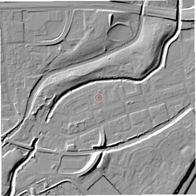 Shaded relief map of the ground around WA51BN, computed from Environment Agency LiDAR. The ground here sits at about 8 m above sea level and falls 12 m across the surrounding 800 m. Surface water reaching this point runs off ground lying to the south-south-east, 0.6 m higher.