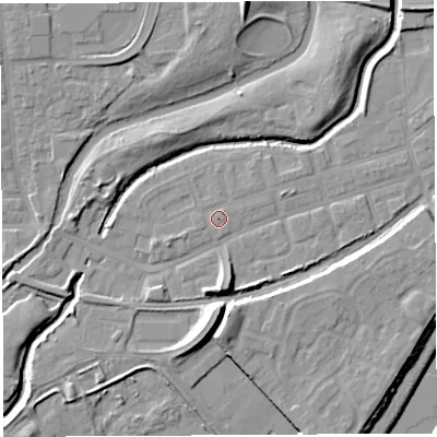 Shaded relief map of the ground around WA51BS, computed from Environment Agency LiDAR. The ground here sits at about 8 m above sea level and falls 12 m across the surrounding 800 m. Surface water reaching this point runs off ground lying to the north-north-east, 0.8 m higher.