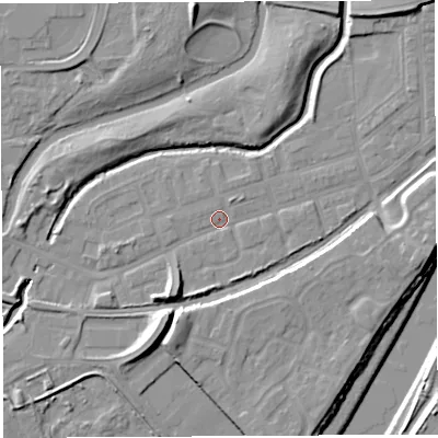 Shaded relief map of the ground around WA51BT, computed from Environment Agency LiDAR. The ground here sits at about 7 m above sea level and falls 12 m across the surrounding 800 m. Surface water reaching this point runs off ground lying to the north-north-east, 1.2 m higher.