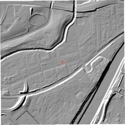 Shaded relief map of the ground around WA51BU, computed from Environment Agency LiDAR. The ground here sits at about 7 m above sea level and falls 12 m across the surrounding 800 m. Surface water reaching this point runs off ground lying to the south-south-west, 1.5 m higher.