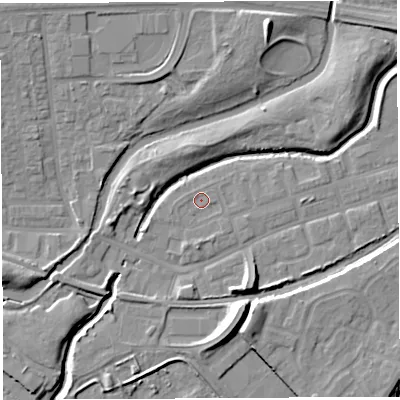 Shaded relief map of the ground around WA51BW, computed from Environment Agency LiDAR. The ground here sits at about 7 m above sea level and falls 11 m across the surrounding 800 m. Surface water reaching this point runs off ground lying to the west-north-west, 0.6 m higher.