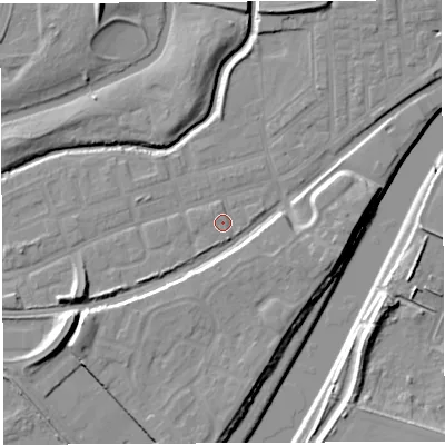 Shaded relief map of the ground around WA51DB, computed from Environment Agency LiDAR. The ground here sits at about 8 m above sea level and falls 12 m across the surrounding 800 m. Surface water reaching this point runs off ground lying to the south-south-east, 1.2 m higher.