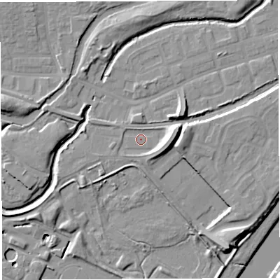 Shaded relief map of the ground around WA51DD, computed from Environment Agency LiDAR. The ground here sits at about 7 m above sea level and falls 17 m across the surrounding 800 m. Surface water reaching this point runs off ground lying to the east, 7.3 m higher.