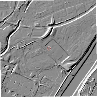 Shaded relief map of the ground around WA51DF, computed from Environment Agency LiDAR. The ground here sits at about 7 m above sea level and falls 17 m across the surrounding 800 m. Surface water reaching this point runs off ground lying to the west-north-west, 2.3 m higher.