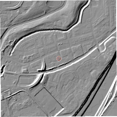 Shaded relief map of the ground around WA51DH, computed from Environment Agency LiDAR. The ground here sits at about 8 m above sea level and falls 11 m across the surrounding 800 m. Surface water reaching this point runs off ground lying to the south-east, 1.4 m higher.