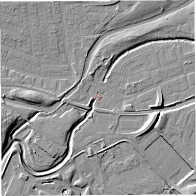 Shaded relief map of the ground around WA51DP, computed from Environment Agency LiDAR. The ground here sits at about 7 m above sea level and falls 17 m across the surrounding 800 m. Surface water reaching this point runs off ground lying to the east, 7.9 m higher.