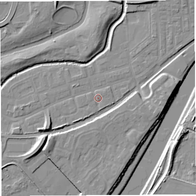 Shaded relief map of the ground around WA51DQ, computed from Environment Agency LiDAR. The ground here sits at about 8 m above sea level and falls 11 m across the surrounding 800 m. Surface water reaching this point runs off ground lying to the south-south-west, 1.4 m higher.