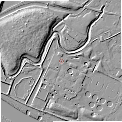 Shaded relief map of the ground around WA51DS, computed from Environment Agency LiDAR. The ground here sits at about 7 m above sea level and falls 19 m across the surrounding 800 m. The ground contributing surface water to this point lies to the east-south-east.