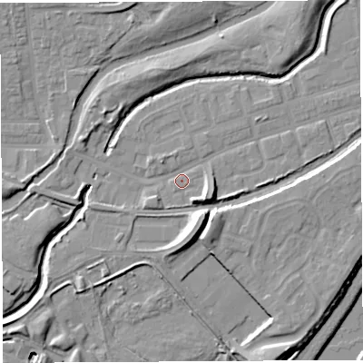 Shaded relief map of the ground around WA51DZ, computed from Environment Agency LiDAR. The ground here sits at about 8 m above sea level and falls 17 m across the surrounding 800 m. Surface water reaching this point runs off ground lying to the south-east, 5.2 m higher.