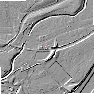 Shaded relief map of the ground around WA51EA, computed from Environment Agency LiDAR. The ground here sits at about 8 m above sea level and falls 17 m across the surrounding 800 m. Surface water reaching this point runs off ground lying to the east, 5.2 m higher.