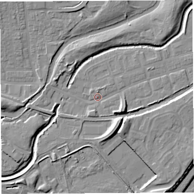 Shaded relief map of the ground around WA51EB, computed from Environment Agency LiDAR. The ground here sits at about 8 m above sea level and falls 11 m across the surrounding 800 m. Surface water reaching this point runs off ground lying to the east-south-east, 5.8 m higher.