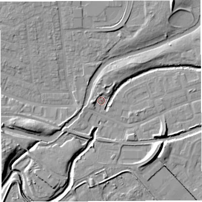 Shaded relief map of the ground around WA51ED, computed from Environment Agency LiDAR. The ground here sits at about 7 m above sea level and falls 12 m across the surrounding 800 m. Surface water reaching this point runs off ground lying to the west-south-west, 3.2 m higher.