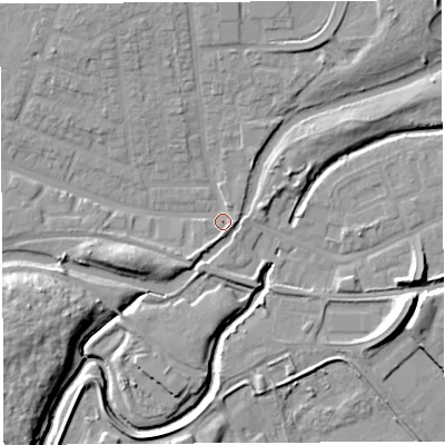 Shaded relief map of the ground around WA51EE, computed from Environment Agency LiDAR. The ground here sits at about 7 m above sea level and falls 12 m across the surrounding 800 m. Surface water reaching this point runs off ground lying to the west-south-west, 8.2 m higher.