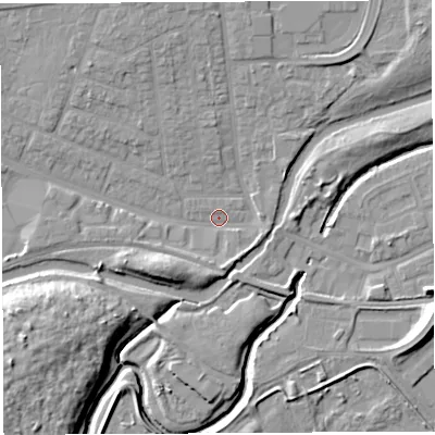 Shaded relief map of the ground around WA51EG, computed from Environment Agency LiDAR. The ground here sits at about 7 m above sea level and falls 13 m across the surrounding 800 m. Surface water reaching this point runs off ground lying to the south, 3.1 m higher.