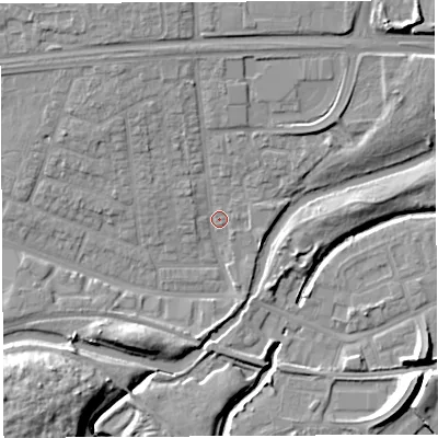Shaded relief map of the ground around WA51EH, computed from Environment Agency LiDAR. The ground here sits at about 8 m above sea level and falls 12 m across the surrounding 800 m. Surface water reaching this point runs off ground lying to the north-north-west, 5.6 m higher.