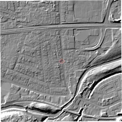 Shaded relief map of the ground around WA51EJ, computed from Environment Agency LiDAR. The ground here sits at about 9 m above sea level and falls 11 m across the surrounding 800 m. Surface water reaching this point runs off ground lying to the north-west, 3.6 m higher.