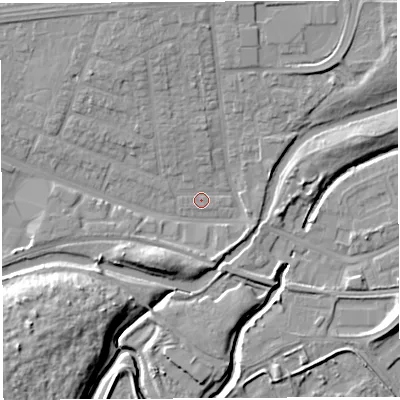 Shaded relief map of the ground around WA51EQ, computed from Environment Agency LiDAR. The ground here sits at about 7 m above sea level and falls 13 m across the surrounding 800 m. Surface water reaching this point runs off ground lying to the south-south-east, 3.1 m higher.