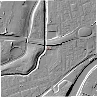 Shaded relief map of the ground around WA51GY, computed from Environment Agency LiDAR. The ground here sits at about 9 m above sea level and falls 12 m across the surrounding 800 m. Surface water reaching this point runs off ground lying to the east-north-east, 5.9 m higher.