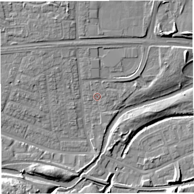 Shaded relief map of the ground around WA51HD, computed from Environment Agency LiDAR. The ground here sits at about 9 m above sea level and falls 11 m across the surrounding 800 m. Surface water reaching this point runs off ground lying to the north, 1.1 m higher.