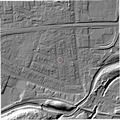 Shaded relief map of the ground around WA51HP, computed from Environment Agency LiDAR. The ground here sits at about 9 m above sea level and falls 11 m across the surrounding 800 m. Surface water reaching this point runs off ground lying to the north, 2.0 m higher.