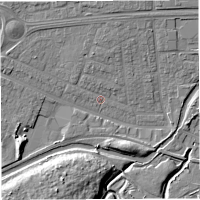 Shaded relief map of the ground around WA51HY, computed from Environment Agency LiDAR. The ground here sits at about 8 m above sea level and falls 13 m across the surrounding 800 m. Surface water reaching this point runs off ground lying to the west-south-west, 7.9 m higher.