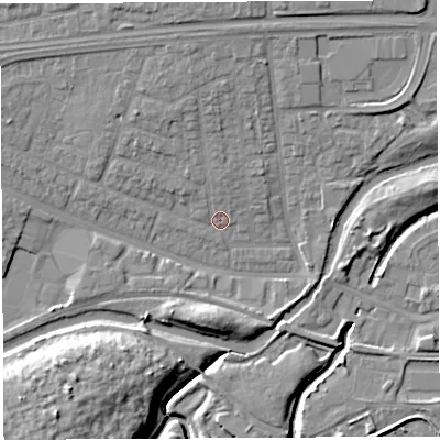 Shaded relief map of the ground around WA51HZ, computed from Environment Agency LiDAR. The ground here sits at about 7 m above sea level and falls 13 m across the surrounding 800 m. Surface water reaching this point runs off ground lying to the north, 5.6 m higher.