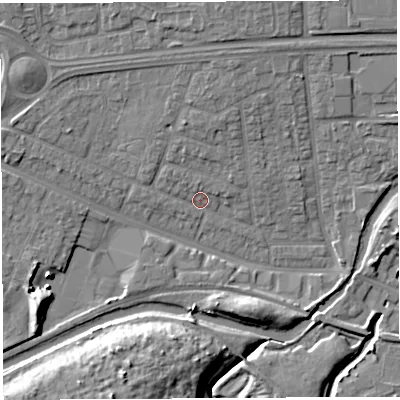 Shaded relief map of the ground around WA51JA, computed from Environment Agency LiDAR. The ground here sits at about 8 m above sea level and falls 13 m across the surrounding 800 m. Surface water reaching this point runs off ground lying to the west-south-west, 7.5 m higher.