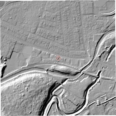 Shaded relief map of the ground around WA51QP, computed from Environment Agency LiDAR. The ground here sits at about 8 m above sea level and falls 13 m across the surrounding 800 m. Surface water reaching this point runs off ground lying to the north-north-east, 5.1 m higher.