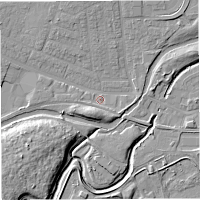 Shaded relief map of the ground around WA51QQ, computed from Environment Agency LiDAR. The ground here sits at about 7 m above sea level and falls 13 m across the surrounding 800 m. Surface water reaching this point runs off ground lying to the south-east, 3.1 m higher.