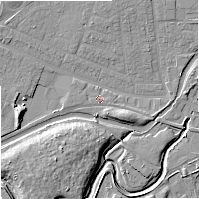 Shaded relief map of the ground around WA51QS, computed from Environment Agency LiDAR. The ground here sits at about 8 m above sea level and falls 13 m across the surrounding 800 m. Surface water reaching this point runs off ground lying to the east-south-east, 3.1 m higher.