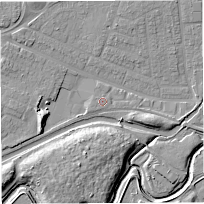 Shaded relief map of the ground around WA51QT, computed from Environment Agency LiDAR. The ground here sits at about 8 m above sea level and falls 13 m across the surrounding 800 m. The ground contributing surface water to this point lies to the south-south-west.