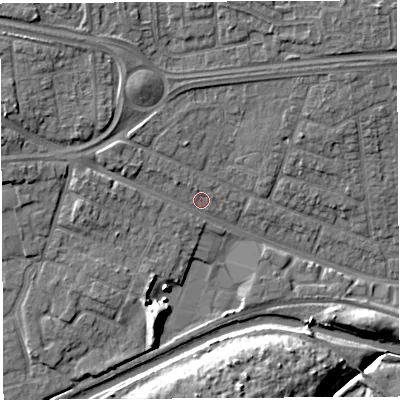 Shaded relief map of the ground around WA51QU, computed from Environment Agency LiDAR. The ground here sits at about 9 m above sea level and falls 12 m across the surrounding 800 m. Surface water reaching this point runs off ground lying to the north-west, 5.6 m higher.