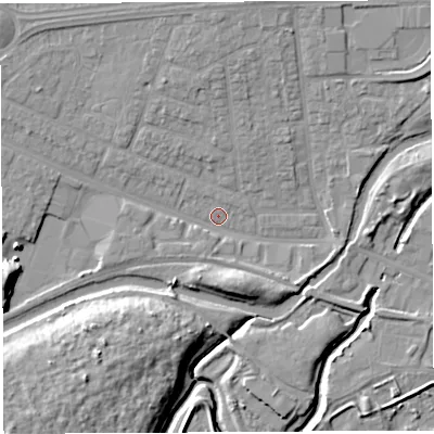 Shaded relief map of the ground around WA51QW, computed from Environment Agency LiDAR. The ground here sits at about 7 m above sea level and falls 13 m across the surrounding 800 m. Surface water reaching this point runs off ground lying to the north, 5.6 m higher.
