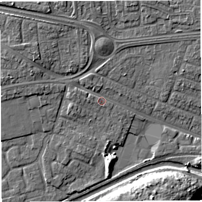 Shaded relief map of the ground around WA51QX, computed from Environment Agency LiDAR. The ground here sits at about 9 m above sea level and falls 12 m across the surrounding 800 m. Surface water reaching this point runs off ground lying to the north-north-west, 5.0 m higher.