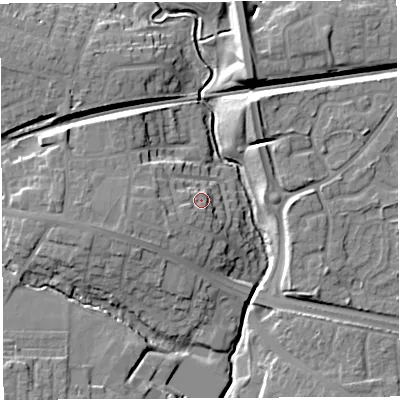 Shaded relief map of the ground around WA51RY, computed from Environment Agency LiDAR. The ground here sits at about 14 m above sea level and falls 12 m across the surrounding 800 m. Surface water reaching this point runs off ground lying to the west-south-west, 3.3 m higher.
