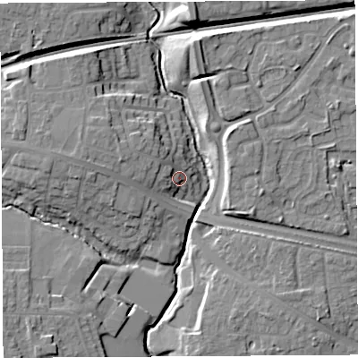 Shaded relief map of the ground around WA51RZ, computed from Environment Agency LiDAR. The ground here sits at about 11 m above sea level and falls 13 m across the surrounding 800 m. Surface water reaching this point runs off ground lying to the west-north-west, 6.0 m higher.