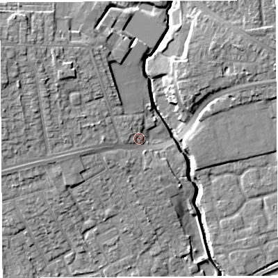 Shaded relief map of the ground around WA52BW, computed from Environment Agency LiDAR. The ground here sits at about 11 m above sea level and falls 12 m across the surrounding 800 m. Surface water reaching this point runs off ground lying to the west-north-west, 7.5 m higher.