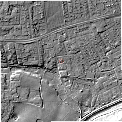 Shaded relief map of the ground around WA52HN, computed from Environment Agency LiDAR. The ground here sits at about 9 m above sea level and falls 11 m across the surrounding 800 m. Surface water reaching this point runs off ground lying to the north-north-east, 1.4 m higher.